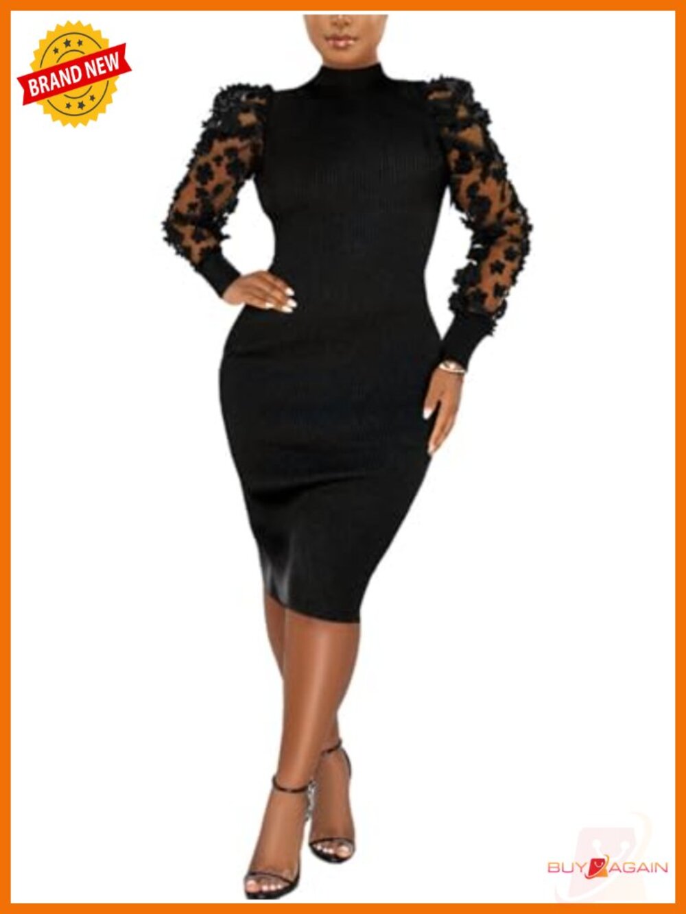 Mock Neck Sheer Mesh Long Sleeve Ribbed Bodycon Midi Dress